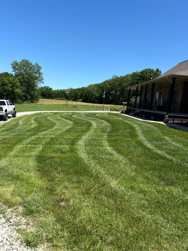 Curved mowing stripes leading up to a home